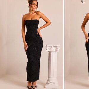 Oh Polly Black Bodycon Ruched Strapless Maxi Dress for Cocktail